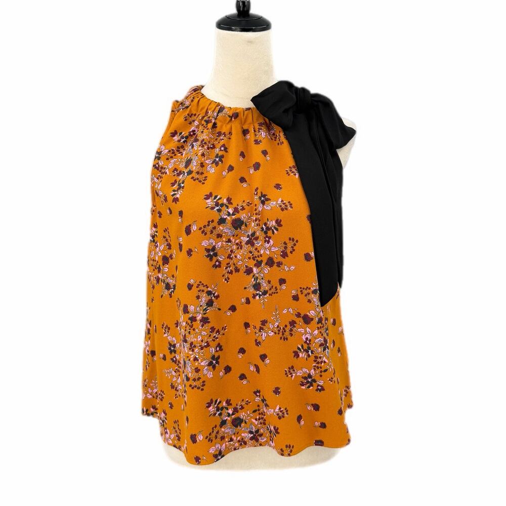 Pearl by Lela Rose Crepe Halter Gold Floral Neck Tie Sleeveless Chic Blouse Top